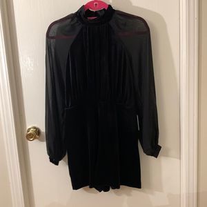 Express NWT black high neck velour, sheer long sleeve shorts romper Size small